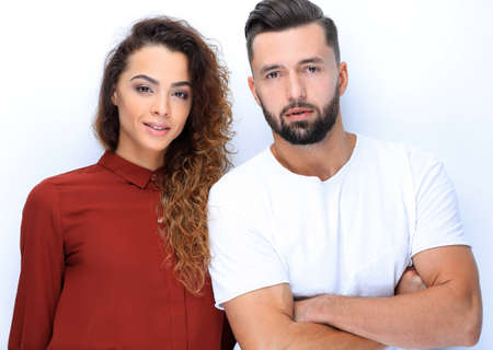 closeup of couple of modern young peopleの写真素材