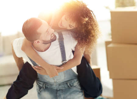 Wife and husband are happy to move to a new home.の写真素材