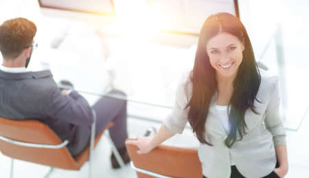 successful business woman standing near modern workplaceの写真素材