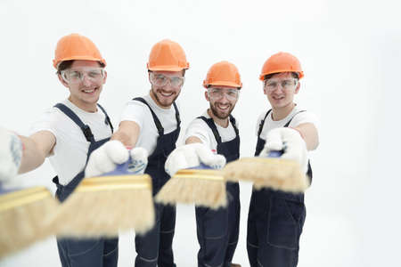 group of builders with different toolsの写真素材