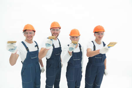 view from the top. a group of builders .isolated on whiteの写真素材