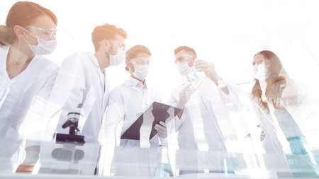 scientists working with test tubes and microscope in the laboratの写真素材