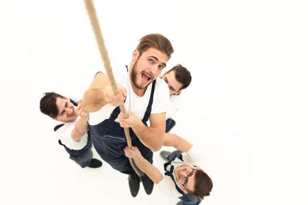 view from the top.construction climber up the ropeの写真素材