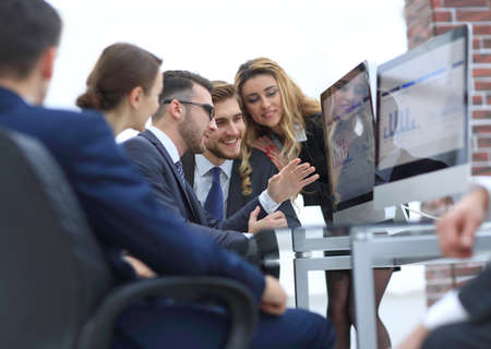 employees discussing financial profit ,の写真素材