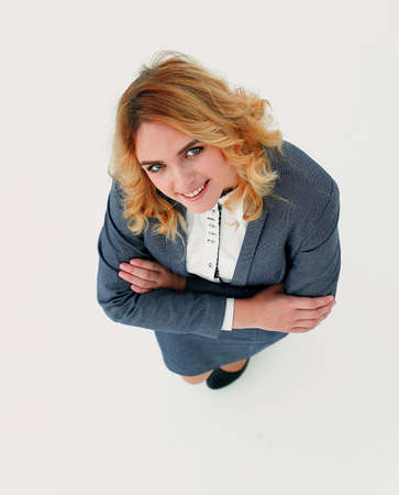 business woman steps forward and looks at the cameraの写真素材