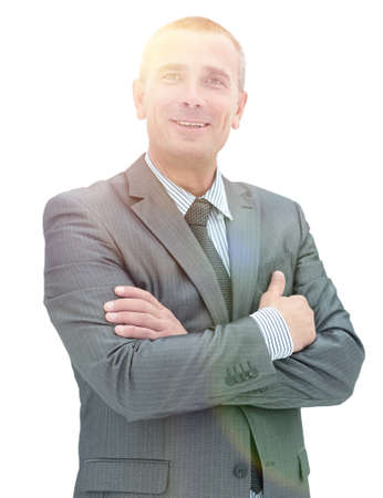 Happy mature man in suit smiling while standing against whiteの写真素材
