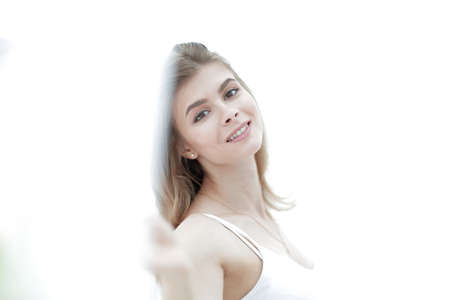 closeup portrait of a cute young womanの写真素材