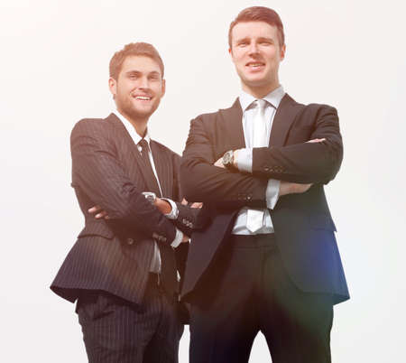 full growth.two business partners standing,isolated on white background.の写真素材