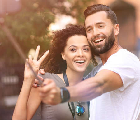 Happy traveling couple making selfie, romantic mood.の写真素材