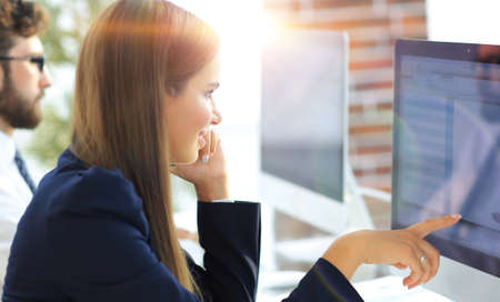 business woman discusses computer dataの写真素材