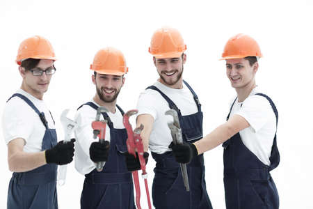 group of plumbers with working toolsの写真素材