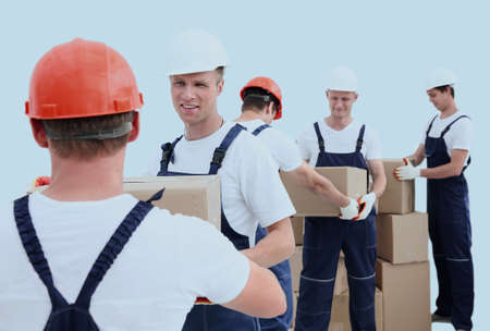Group of people builders with boxesの写真素材