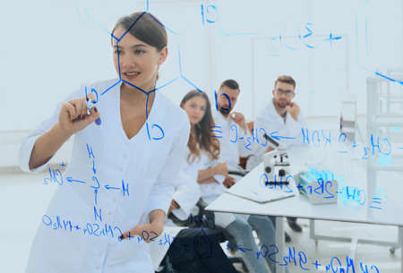 view through the transparent Board. female scientist makes a report to colleagues