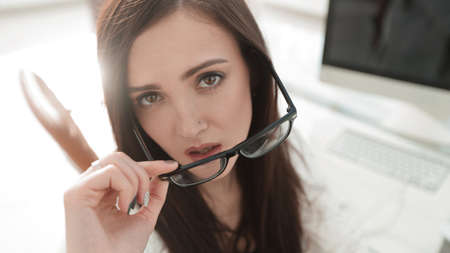 close up.confident business woman with glassesの写真素材