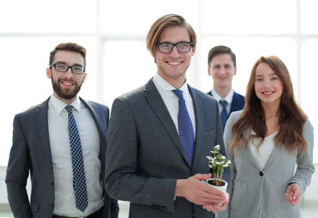 close up.a group of young people with a plant sproutの写真素材