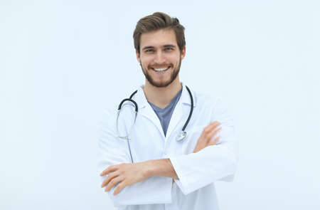 portrait of a friendly doctor.isolated on whiteの写真素材