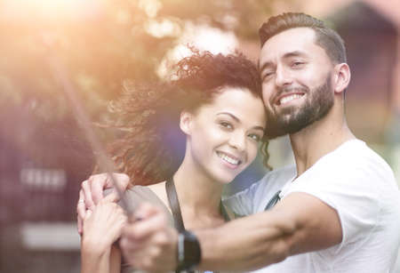 Happy traveling couple making selfie, romantic mood.の写真素材