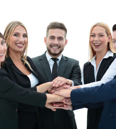 friendly business team with hands clasped together.の写真素材