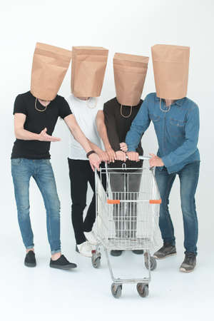 group of people with empty shopping carts.の写真素材