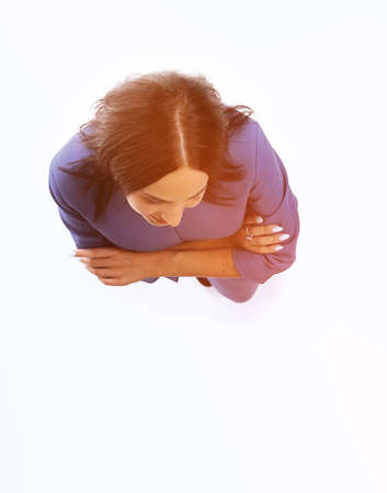 Top view of business woman. Isolated over white backgroundの写真素材