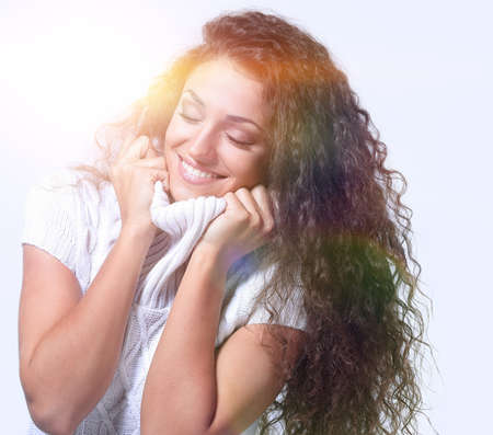 Beautiful woman with a natural make-up on a white backgroundの写真素材