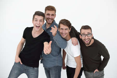 casual men pointing at camera on white background