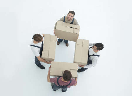 Delivery men with cardboard boxes on white background.