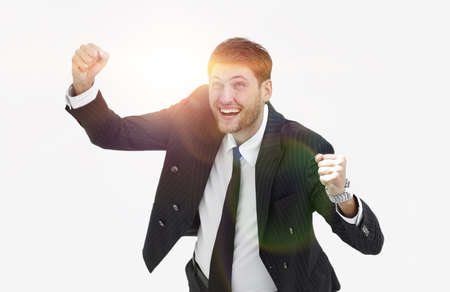 view from the top. happy businessman looking at the camera