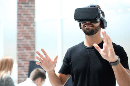 Male handsome patient with modern VR goggles