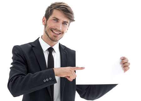 businessman holding empty white placard showing copy spaceの写真素材