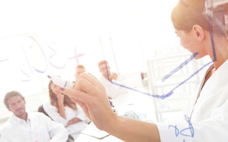 view through the transparent Board. female biochemist makes a report to colleagues