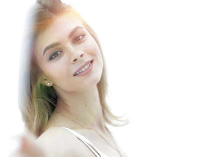 closeup portrait of a cute young womanの写真素材