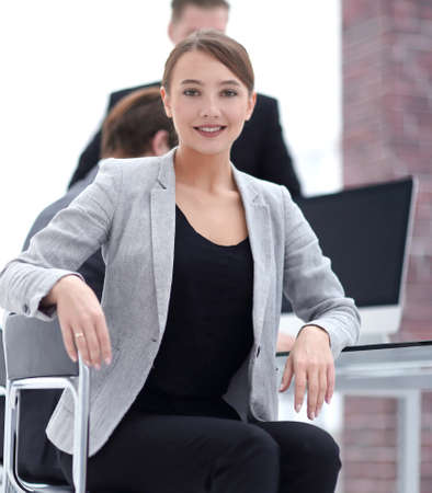 close up. young businesswoman sitting at the Deskの写真素材
