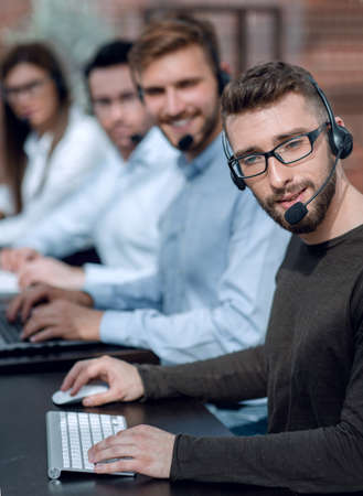 close up.the Manager and operators of the call centre workplaceの写真素材