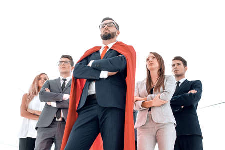 leader in the red cloak and the business team standing together