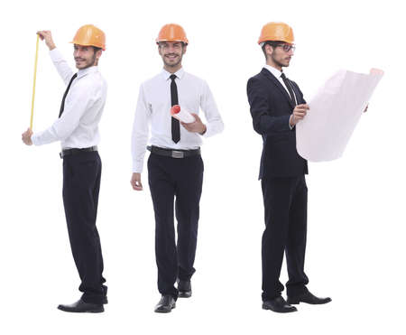 in full growth .a qualified architect in an orange helmet