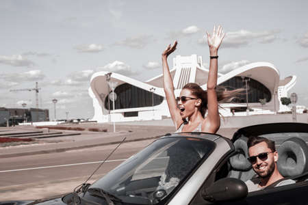 couple enjoyed a joint trip in the car.の写真素材