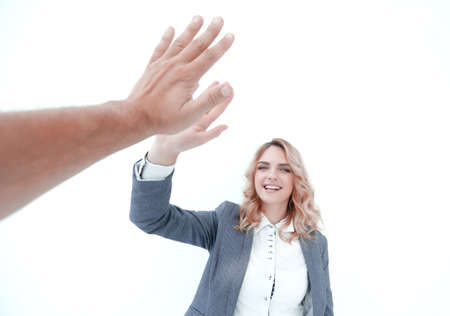 successful business woman giving a high fiveの写真素材