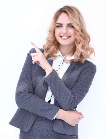 smiling business woman pointing on copy space.の写真素材