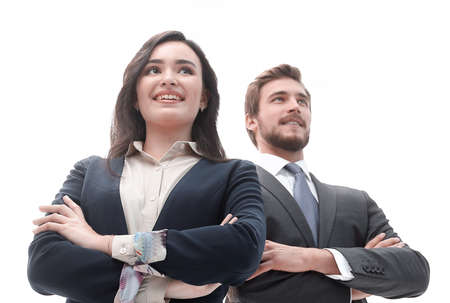 Two confident smiling businesspeople in formalwear isolated on wの写真素材