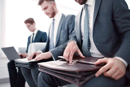 close up.a group of business people sitting in the office waiting roomの写真素材