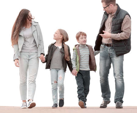 parents discussing that the with their children during walkの写真素材