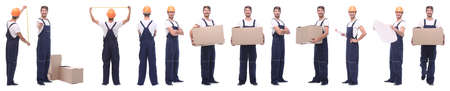 panoramic collage of skilled handyman isolated on whiteの写真素材