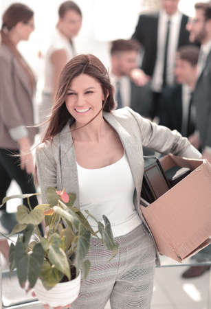 close up.happy business woman on the background of the new officeの写真素材