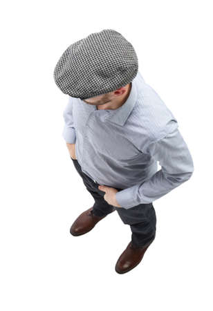 top view. a young man in a checkered cap