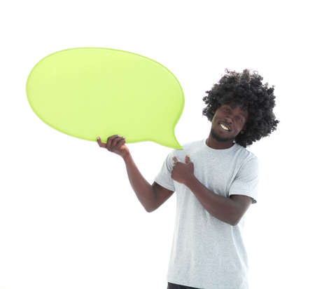close up. curly-haired guy with a speech bubble.