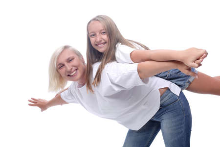 in full growth. happy mom and daughter play togetherの写真素材
