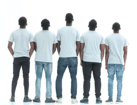 rear view. group of guys looking at white blank screen. isolated on whiteの写真素材