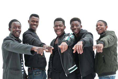 confident modern guys pointing at you . isolated on whiteの写真素材
