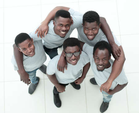 top view. group of smiling friends looking at the cameraの写真素材